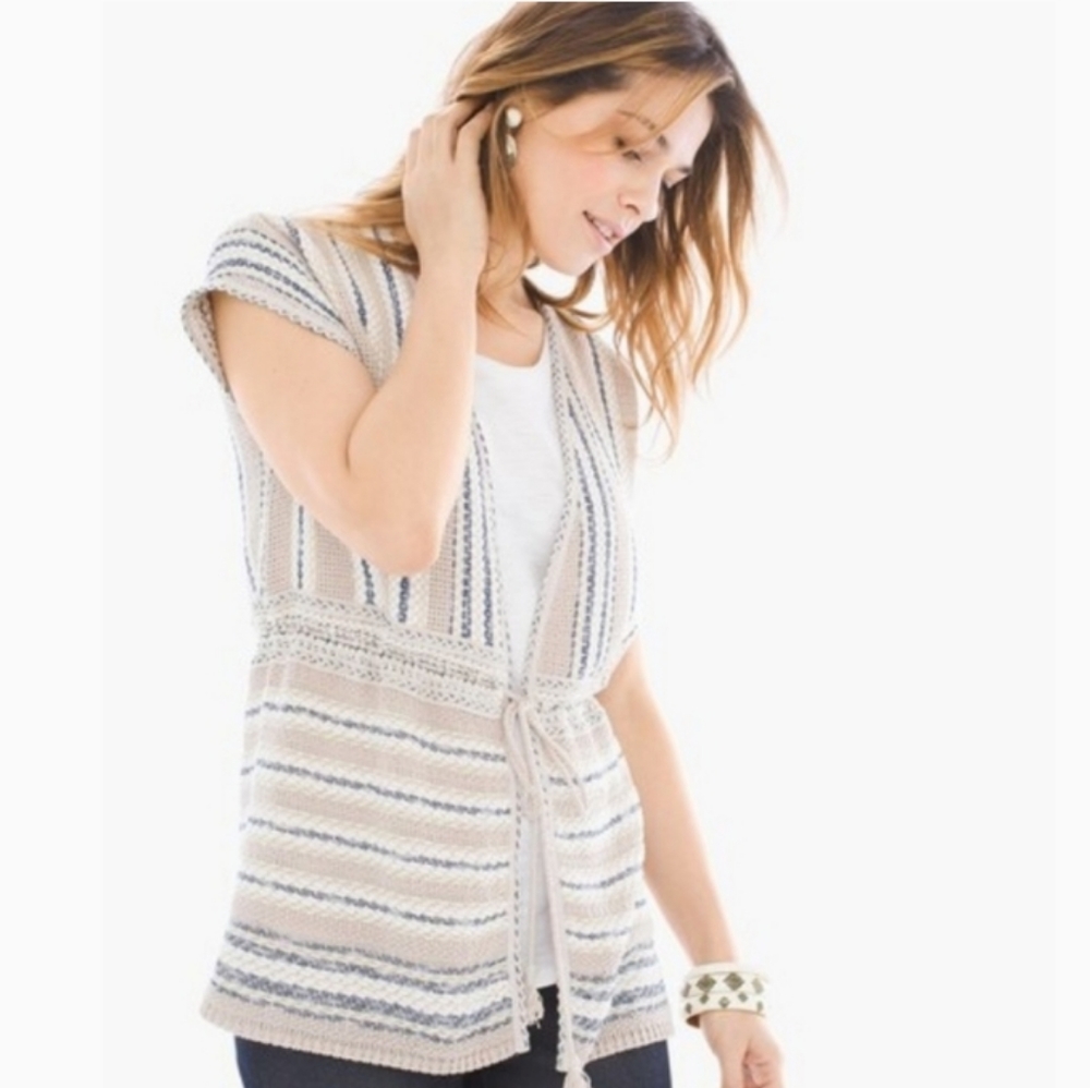 🆕 Chicos's Short Sleeve Cardigan with Adjustable Waist Tie String with Tassels.